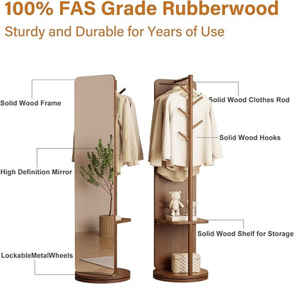 WoodsWhisper Full Length Mirror Coat Rack Solid Wood Floor Mirror 66"x12" Full Length Mirror with Stand Long Mirrors for Bedroom,Living Room (Deep Walnut, 70" L x 16" W)