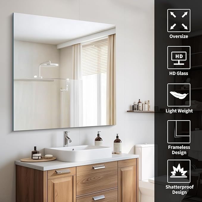CILIBER Frameless Mirror, 42x42 Square Bathroom Mirrors for Wall, Large Frameless Vanity Mirror Over Sink with Polished Edge, 3mm Tempered Glass, Decorative for Bathroom, Bedroom and Living Room
