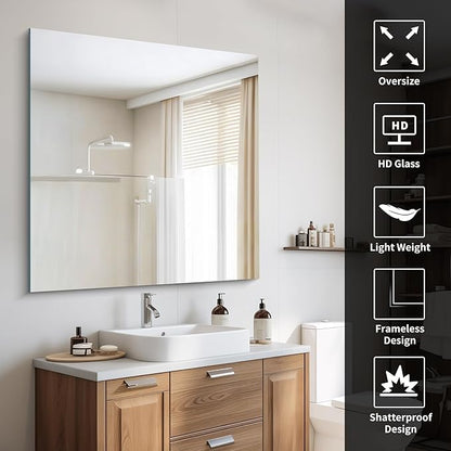 CILIBER Frameless Mirror, 42x42 Square Bathroom Mirrors for Wall, Large Frameless Vanity Mirror Over Sink with Polished Edge, 3mm Tempered Glass, Decorative for Bathroom, Bedroom and Living Room