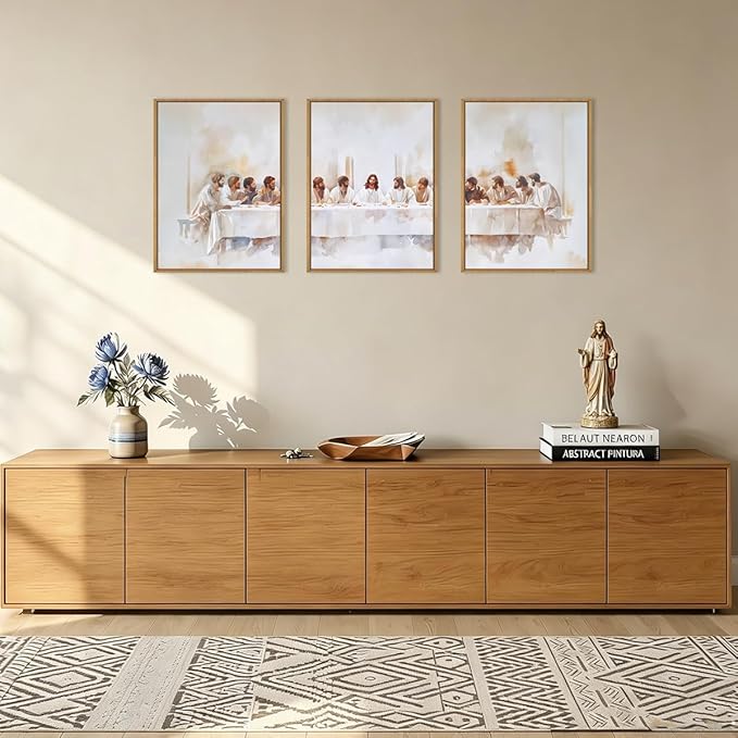 KAIRNE Jesus Last Supper Framed Canvas Wall Art Set, Christian Twelve Apostle Wall Decor, Bible Renaissance wall Painting, Religious Picture Art Print for Living Room, Bedroom, Church-12 x16 x3
