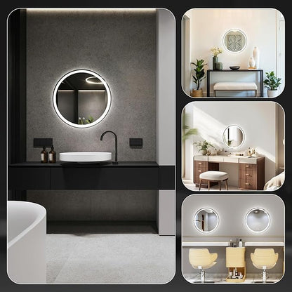 Sweetcrispy 24-Inch Round LED Bathroom Backlit Mirror with Lights, Circle Vanity Mirror with Anti-Fog, Dimmable, 3-Color Light, Memory Function, Tempered Glass