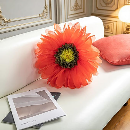 3D Flower Throw Pillow Decorative Daisy Accent Pillows Handmade Cute Round Velvet Floral Cushion with Insert for Couch Bed Chair Car Living Room Bedroom Home Decor 12Inch Vibrant Orange