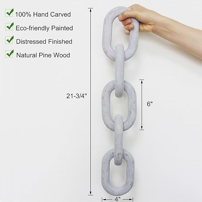 CVHOMEDECO. Rustic Wood Chain Link Decor Farmhouse Hand Carved Wood Link for Home, Wall, Table or Shelf décor Accents (Distressed Grey)