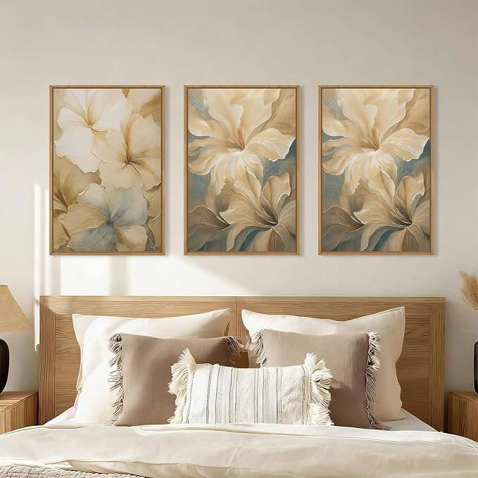 KAIRNE Neutral magnolia Floral Framed Canvas Wall Art Set, Modern Beige Flower Wall Decor,Aesthetic Wildflower Art Prints,Boho Botanical Artwork for Living Room,Bedroom,Farmhouse,Office-16 x24 x3