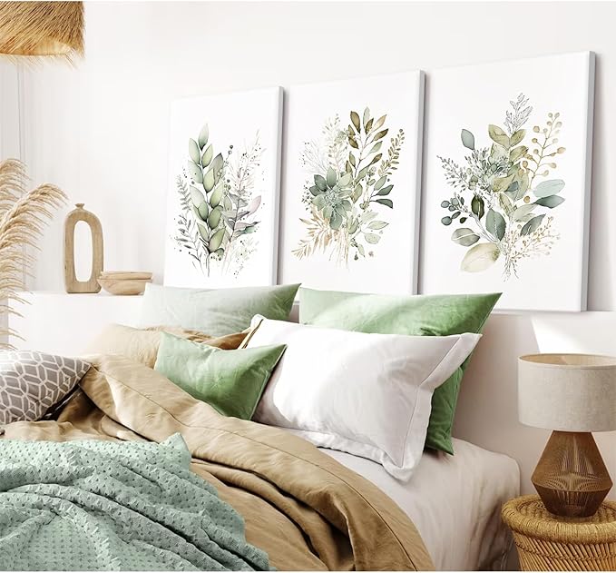 Watercolor Botanical Wall Art Set of 3 Boho Floral Canvas Wall Decor Prints Sage Green Wildflower Wall Art Modern Flower Pictures Botanical Painting for Bedroom Bathroom 12x16 Inch Wrapped Canvas
