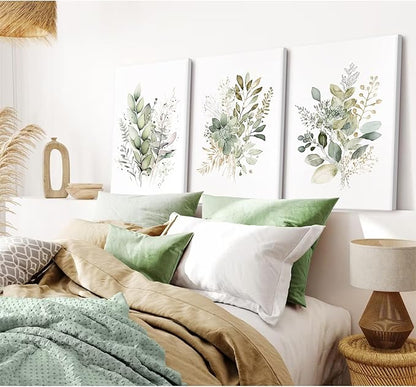 Watercolor Botanical Wall Art Set of 3 Boho Floral Canvas Wall Decor Prints Sage Green Wildflower Wall Art Modern Flower Pictures Botanical Painting for Bedroom Bathroom 12x16 Inch Wrapped Canvas