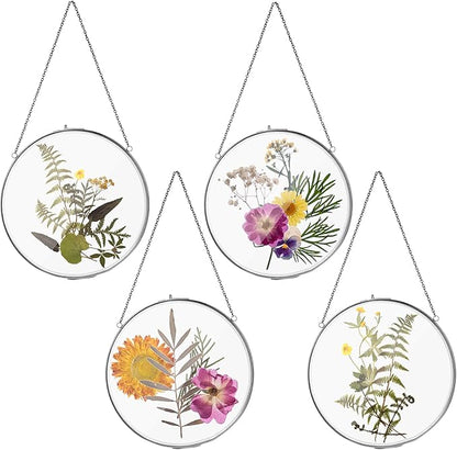Qunclay 4 Pcs Double Glass Frame for Pressed Flowers Round Hanging Herbarium Floating Flower Press Frame Clear DIY Vintage Artwork Display holder(8 Inch,Black)