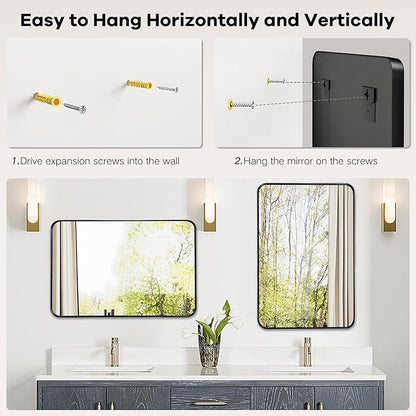 Bathroom Mirror Over Sink - 24x36 Inch Black Rectangle Framed Matte Mirror for Bathroom, Rectangular Alumium Frame Mirrors Wall Mounted for Restroom, Farmhouse, Entryway, Hallway