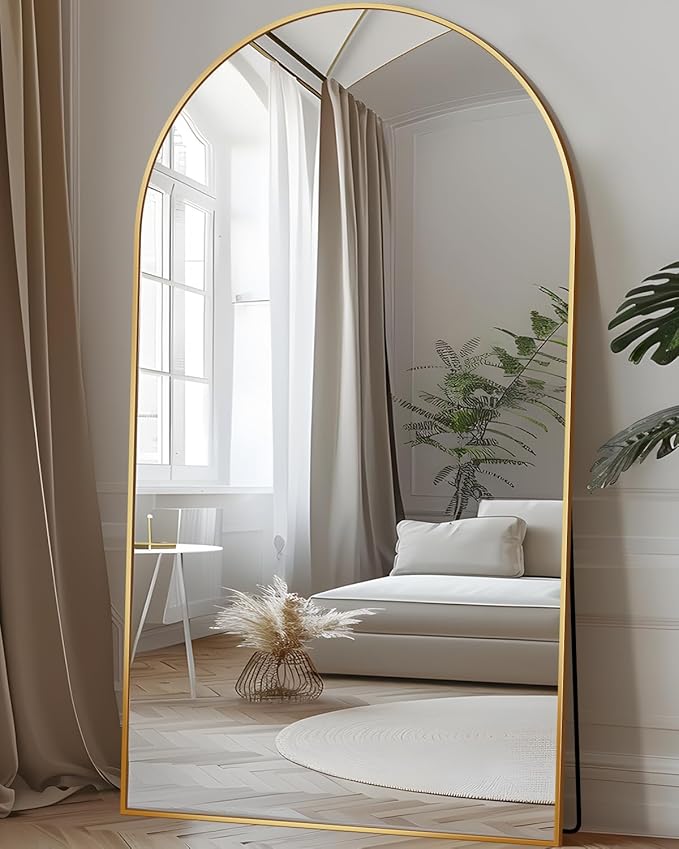 Full Length Mirror, 78"x38" Oversized Floor Mirror Freestanding, Full Body Floor Standing Mirror with Stand, Hanging Mounted for Bedroom Living Room, Gold, Arched Style