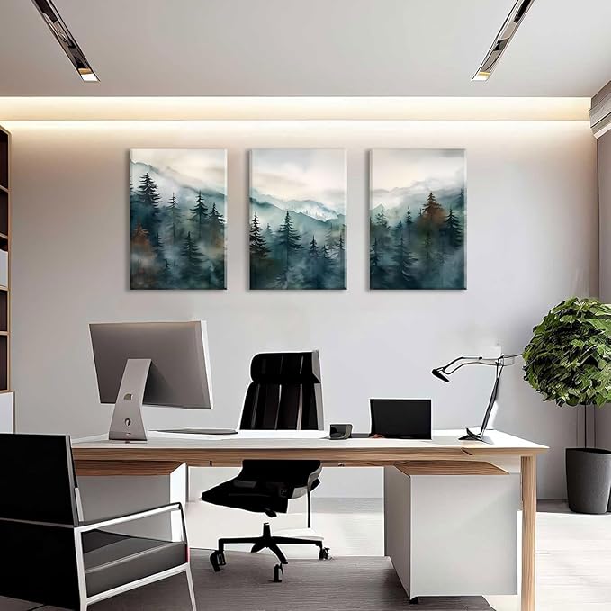 Bwodke Canvas Wall Art Mountain Framed Wall Art Set of 3 Boho Nature Landscape Picture Decor Pine Forest Prints Artwork Painting for Living Room Bedroom Office 12"x16"