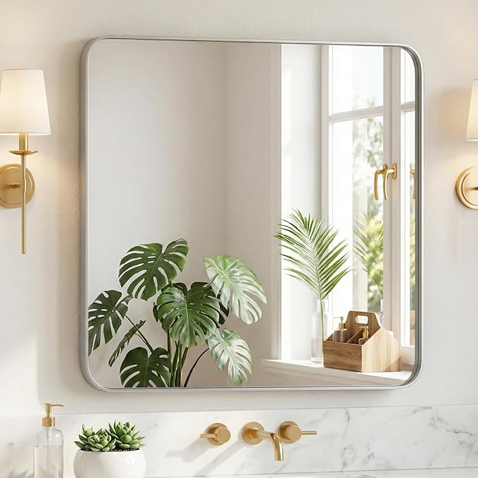 NEWBULIG 30"x30" Sliver Wall Mirror, Bathroom Mirrors for Over Sink, Matte Metal Framed Vanity Mirror with Tempered Glass, Entryway, Living Room, Bedroom