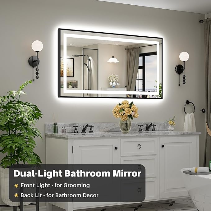 55x30 Inch LED Bathroom Mirror with Black Frame, Backlit & Front Lit, Anti-Fog Lighted Bathroom Vanity Mirror for Wall, Memory Function, Dimmable, HD Tempered Glass, Shatter-Proof