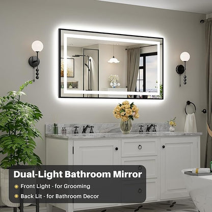 55x30 Inch LED Bathroom Mirror with Black Frame, Backlit & Front Lit, Anti-Fog Lighted Bathroom Vanity Mirror for Wall, Memory Function, Dimmable, HD Tempered Glass, Shatter-Proof