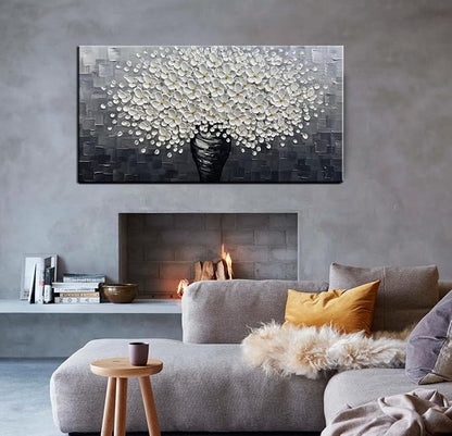 YaSheng Art - Oil Painting Wall Art hand painted White Floral Artwork 3D Thick Texture Black and White Floral Vase Canvas Wall Art Modern Abstract Art Home Bedroom, Dining Room, Living Room, Office Wall Decor 24x48inch