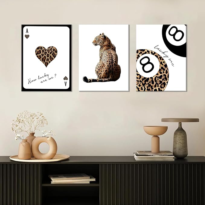 Set of 3 Trendy Leopard Canvas Wall Art, Cheetah & Lucky 8 Ball Playing Card Posters, Preppy Girly Aesthetic Room Decor for Bedroom Dorm Apartment, Framed Prints 16x24 or 12x16 Inch
