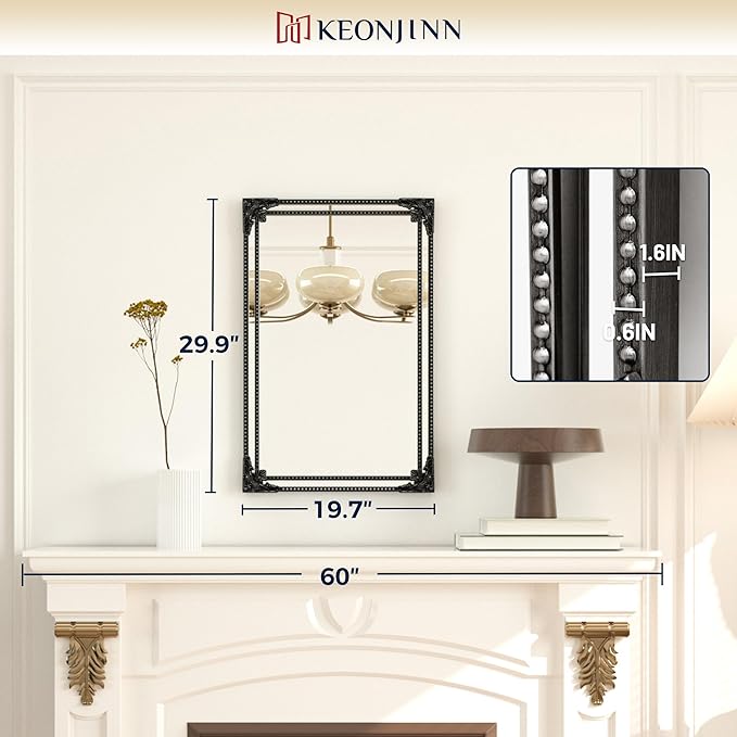 Keonjinn Vintage Mirror for Wall, 20" x 30" Antique Rectangular Black Mirrors with Metal Frame, Baroque Style Decoration for Mantle, Bathroom, Living Room, Fireplace, Bedroom, HD Shatterproof Glass
