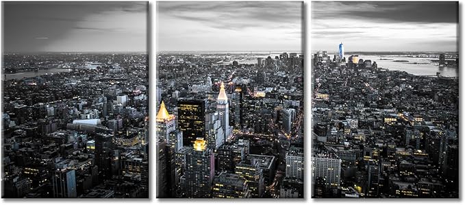 TUMOVO Manhattan, New York USA Downtown City Skyline Modern Artwork Wall Decor 3 Panel Skyscrapers Cityscape Pictures Bathroom Decor Wall Art Framed Ready to Hang (36" Wx16 H)