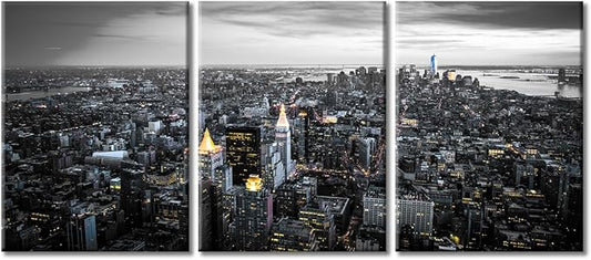 TUMOVO Manhattan, New York USA Downtown City Skyline Modern Artwork Wall Decor 3 Panel Skyscrapers Cityscape Pictures Bathroom Decor Wall Art Framed Ready to Hang (36" Wx16 H)