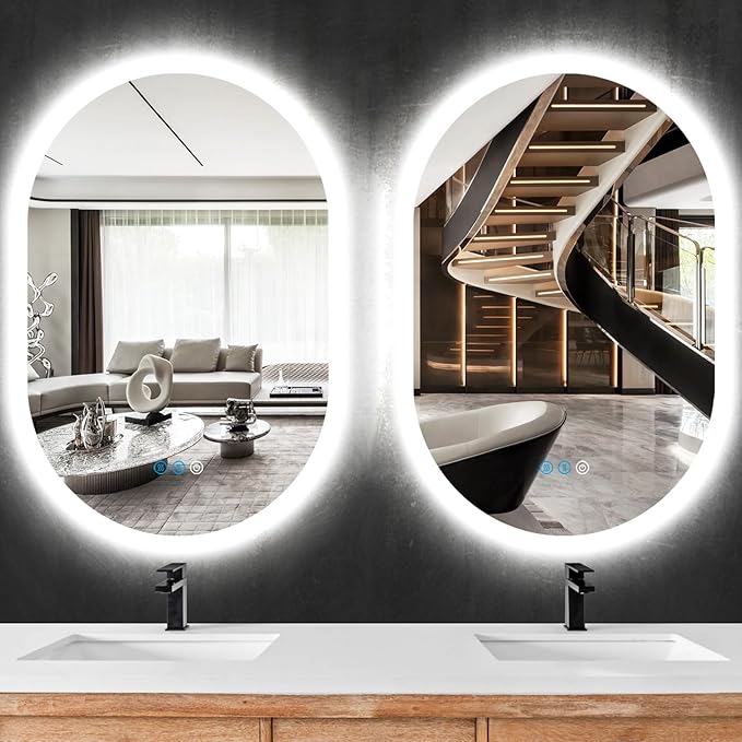 THEKLA 24 x 32 inch Oval Lighted Mirror for Bathroom Wall Horizontal Vertical Mount Makeup Oval Backlit Vanity Mirror with Lights Memory 3 Color Dimmable AntiFog 32" Back Light up LED Ovals Mirror