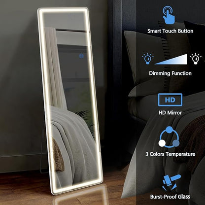 OLIXIS 21"×64" LED Full Length Mirror with Lights, Standing Lighted Floor Full Body Mirror with 3 Color Lighting, Wall Mounted Mirrors for Bedroom, Bathroom, Entryway with Tempered Glass