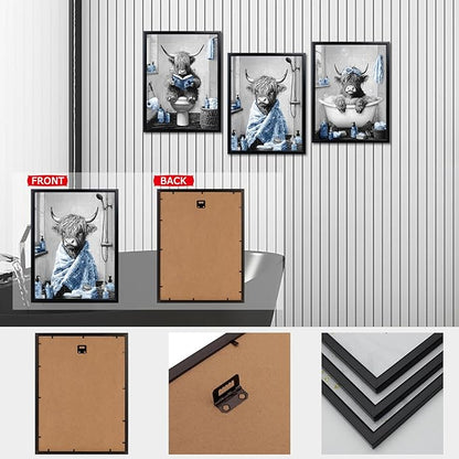sechars Highland Cow Bathroom Wall Art 3 Piece Funny Bathroom Pictures Canvas Print Grey and Blue Decor (Blue)