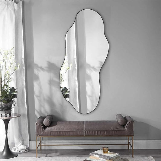 POZINO Irregular Frameless Wall Mirror, 47.2"x21" Asymmetrical Aesthetic Mirror, Modern Organic Shape Decorative Mirror for Living Room Bedroom Entryway Hallway, Horizontal or Vertical Hanging