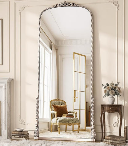 Antique Full Length Mirror 71" x 32", Antique Silver Arched Large Vintage Mirror in Baroque Style with Tempered Glass, Freestanding for Bedroom, Living Room, Cloakroom