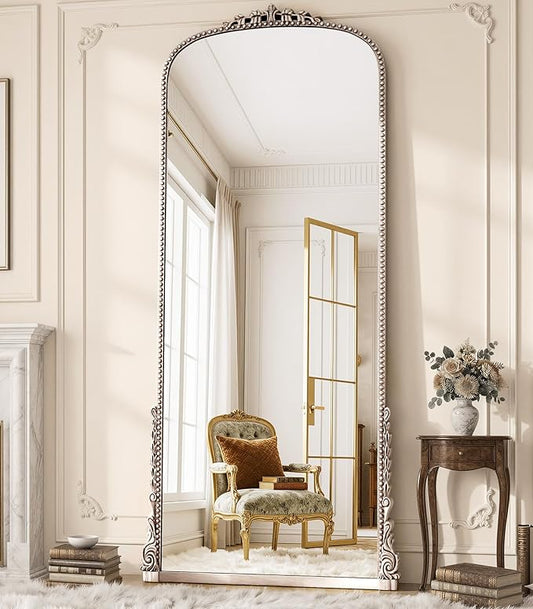 Antique Full Length Mirror 71" x 32", Antique Silver Arched Large Vintage Mirror in Baroque Style with Tempered Glass, Freestanding for Bedroom, Living Room, Cloakroom
