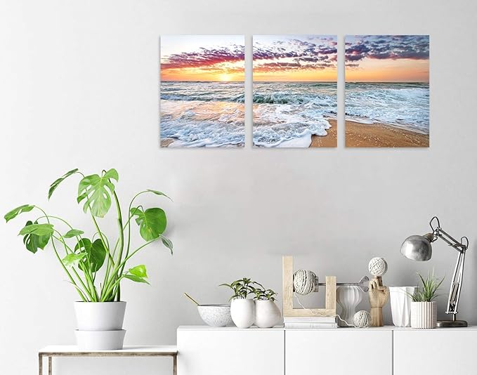TutuBeer 3 Panels Beach Home Beach Decor for Home Beach Decorations White Beach Sunrise with Deep Blue Sky Beach Pictures of the Beach Kitchen Decor Beach Decorations for Home Decor 12" x 16" x 3