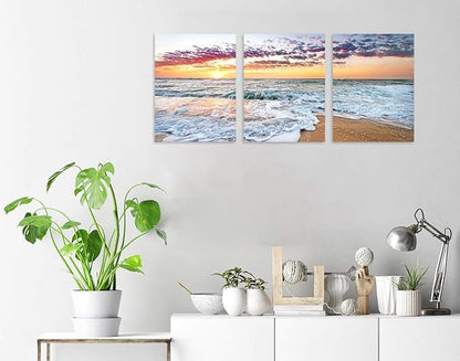 TutuBeer 3 Panels Beach Home Beach Decor for Home Beach Decorations White Beach Sunrise with Deep Blue Sky Beach Pictures of the Beach Kitchen Decor Beach Decorations for Home Decor 12" x 16" x 3