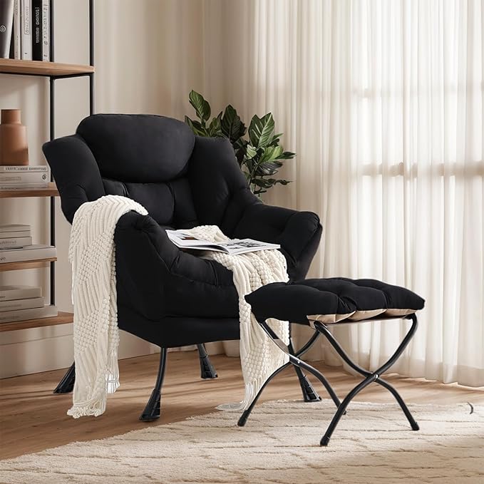 Lazy Chair with Ottoman, Large Black Accent Chair with Ottoman, Comfy Reading Armchair, Leisure Sofa Chair for Living Room, Bedroom, Dorm Room, Office
