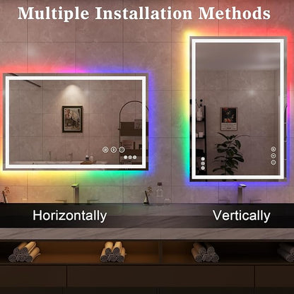 WTTY LED Bathroom Mirror 48"x32" with RGB Backlit and Front Light,Stepless Dimmable LED Mirror for Bathroom,Colored Lighted Bathroom Vanity Mirror,Anti-Fog,Memory Function,Shatter-Proof