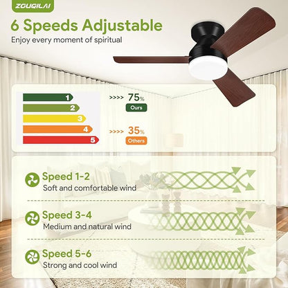 35" Black&Wood Ceiling Fans with Lights and Remote, Low Profile Ceiling Fan with Light, Reversible DC Motors, 3CCT Dimmable Timer Noiseless, Flush Mount Ceiling Fan for Bedroom/Living Room