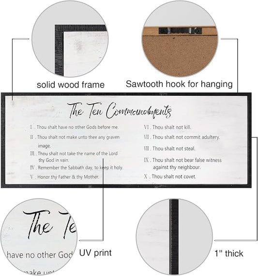 The Ten Commandments Rustic Bible Verse Framed Wall Sign For Family Living Room Kitchen Farmhouse Dining Room Vintage Boho Wall Art Decoration For God Jesus Christ Prayer, 40 x 15 Inch, Black