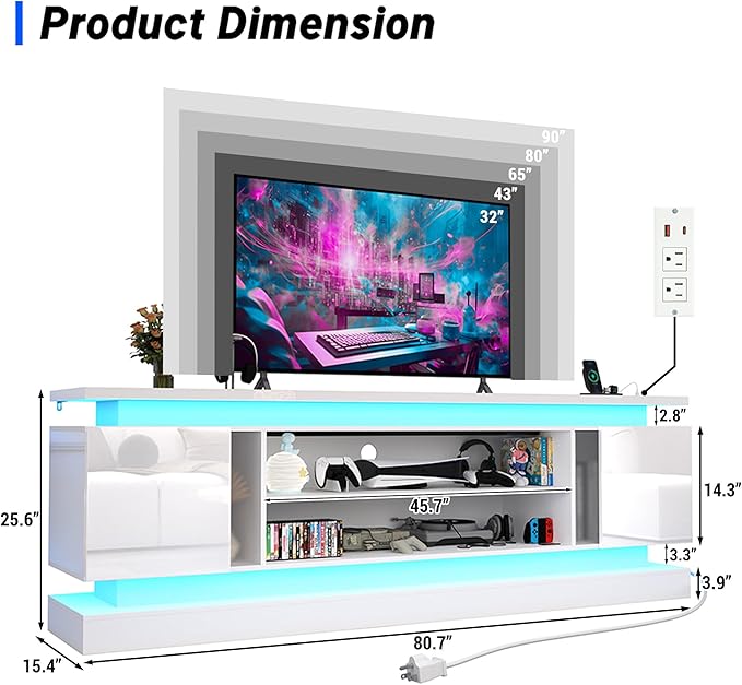 chartustriable 81IN LED TV Stands w/Power Outlet for 90/80/75 Inch TVs,High Glossy Modern Tall Entertainment Center TV Media Console Gaming with 2 Storage Cabinets,Dual LED Lights,White