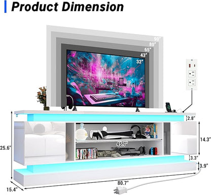 chartustriable 81IN LED TV Stands w/Power Outlet for 90/80/75 Inch TVs,High Glossy Modern Tall Entertainment Center TV Media Console Gaming with 2 Storage Cabinets,Dual LED Lights,White