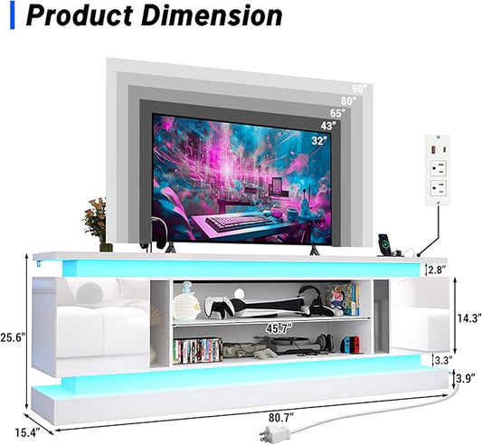 chartustriable 81IN LED TV Stands w/Power Outlet for 90/80/75 Inch TVs,High Glossy Modern Tall Entertainment Center TV Media Console Gaming with 2 Storage Cabinets,Dual LED Lights,White