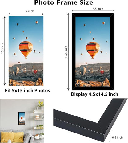 JCJMY 5x15 Black Picture Frame Set of 6, Horizontal and Vertical Formats for Wall Hanging, 5 x 15 Wall Gallery Poster Photo Frames with Shatter Resistant Plexiglass, 6 Pack, Black