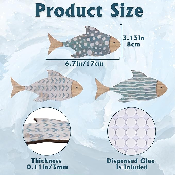ACOSIY 3-Piece Wooden Fish Coastal Decor Set, Beach Themed Wall Art, Vintage Lake House Decor, Nautical Ocean Fish Wall Art for Home, Bathroom, Living Room