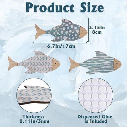 ACOSIY 3-Piece Wooden Fish Coastal Decor Set, Beach Themed Wall Art, Vintage Lake House Decor, Nautical Ocean Fish Wall Art for Home, Bathroom, Living Room
