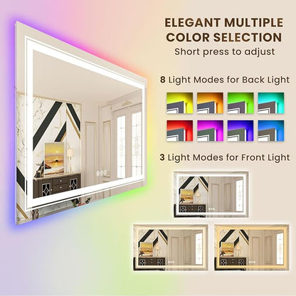 WTTY LED Bathroom Mirror 48"x40" with RGB Backlit and Front Light,Stepless Dimmable LED Mirror for Bathroom,Colored Lighted Bathroom Vanity Mirror,Anti-Fog,Memory Function,Shatter-Proof
