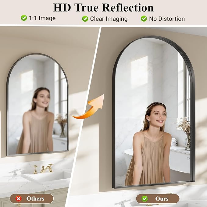 Arched Bathroom Mirror, 30"x48" Black Frame Mirror for Wall Mounted, Bathroom Vanity Mirror with HD Tempered Glass, Bedroom, Living Room, Entry Way, Vanity, Restroom