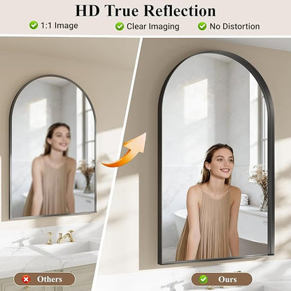 Arched Bathroom Mirror, 30"x48" Black Frame Mirror for Wall Mounted, Bathroom Vanity Mirror with HD Tempered Glass, Bedroom, Living Room, Entry Way, Vanity, Restroom