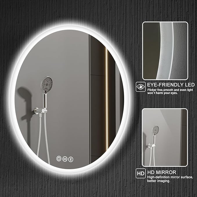 S·BAGNO 28’’ Round Led Bathroom Mirror with Lights, Backlit and Front Lighted, Anti-Fog Wall-Mounted Vanity Mirror 3000K/4000K/6500K, Dimmable Inside Bluetooth Speaker Smart Mirror