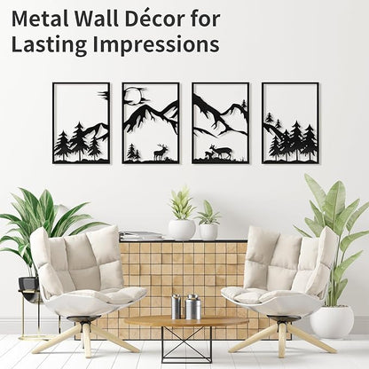 LONGKING 4 Pack Metal Wall Art, Mountain Iron Wall Sculpture, Art Wall Décor for Office, Dining Room, Living Room, Bedroom (Black, 17 x 12 in)