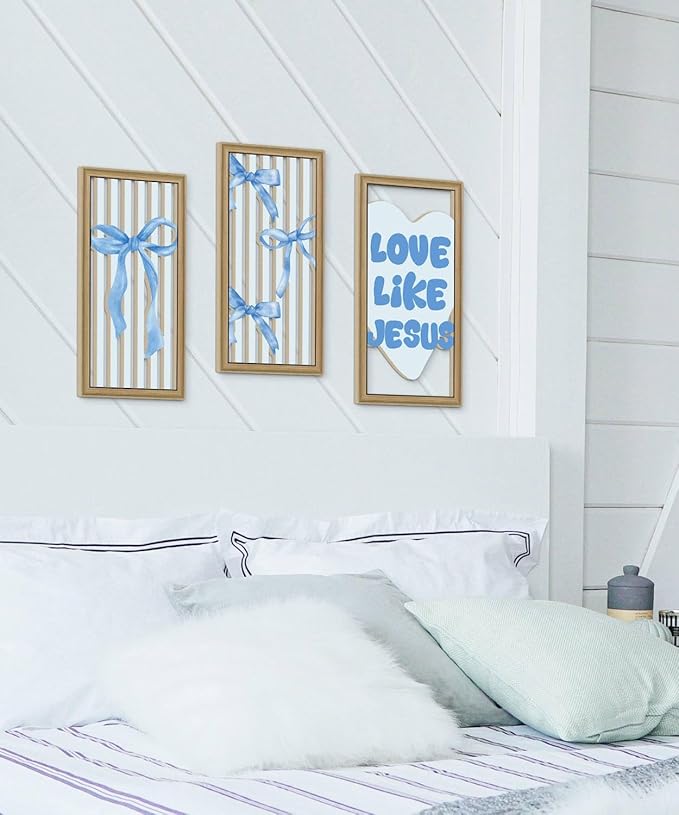 Putuo Decor Blue Bow Wall Decor, Light Blue Coquette Wall Decor Set of 3,Inspirational Bible Verses Decoration, Christian Wall Art for Living Room Bedroom Church Classroom