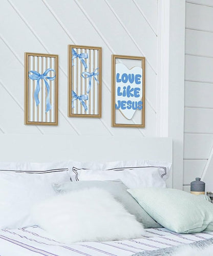 Putuo Decor Blue Bow Wall Decor, Light Blue Coquette Wall Decor Set of 3,Inspirational Bible Verses Decoration, Christian Wall Art for Living Room Bedroom Church Classroom
