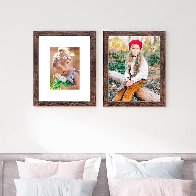 SESEAT 8x10 Picture Frame Set of 10, Display Pictures 5x7 with Mat or 8x10 Prints without Mat, Wall Mounting or Tabletop, Brown