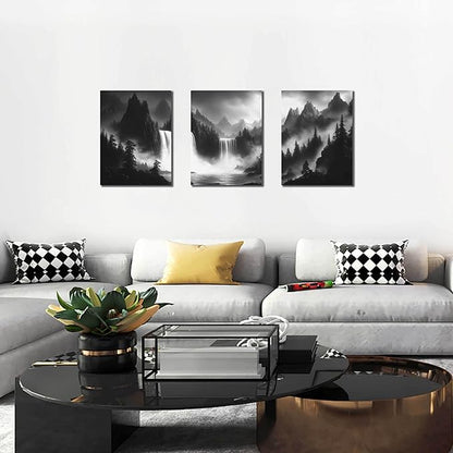 CIRABKY Foggy Forest Wall Art for Living Room - Mountains Canvas Wall Art for Office - Black and White 3 Piece Wall Decor Size 12" x 16"