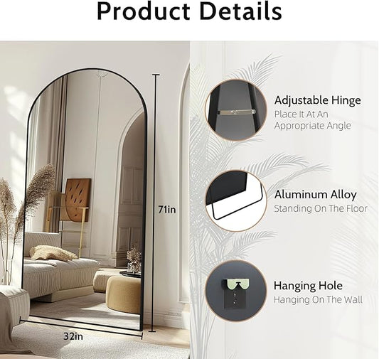 Beauty4U 71" x 32" Arched Full Length Mirror, HD Tempered Glass Floor Mirror with Black Aluminum Frame, Standing/Leaning/Wall Mounted Mirror for Bedroom, Dressing Room & Living Room